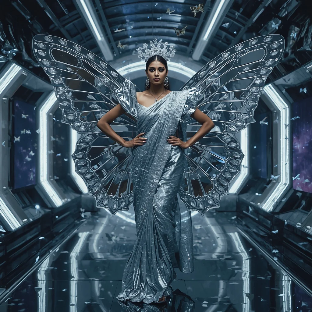Silver Galaxy Butterfly Armor Saree with Futuristic Cosmic Hall Background | Ai Gemini Prompt