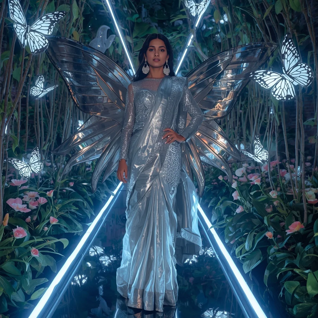 Silver Mirror Butterfly Saree with Multiple Futuristic Poses and LED Fantasy Garden Background | Instagram Model Ai Prompt