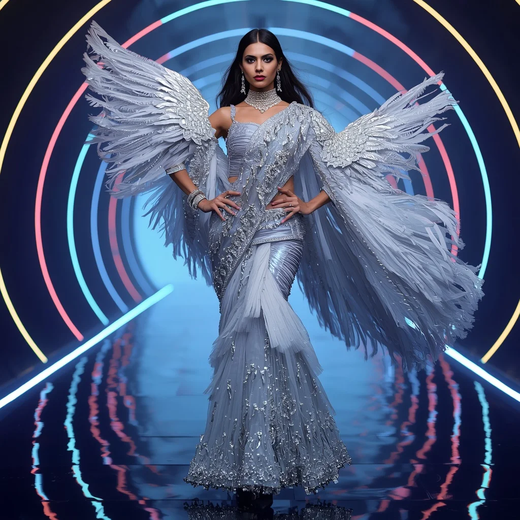 Silver Phoenix Drape Saree with Digital Neon Tunnel | Traditional Saree Prompt Pdf