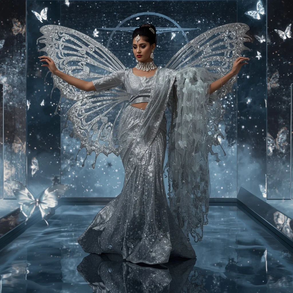 Silver Stardust Butterfly Saree – Cosmic Luxe Couture with Galaxy Palace Background | Creative Ai Prompt