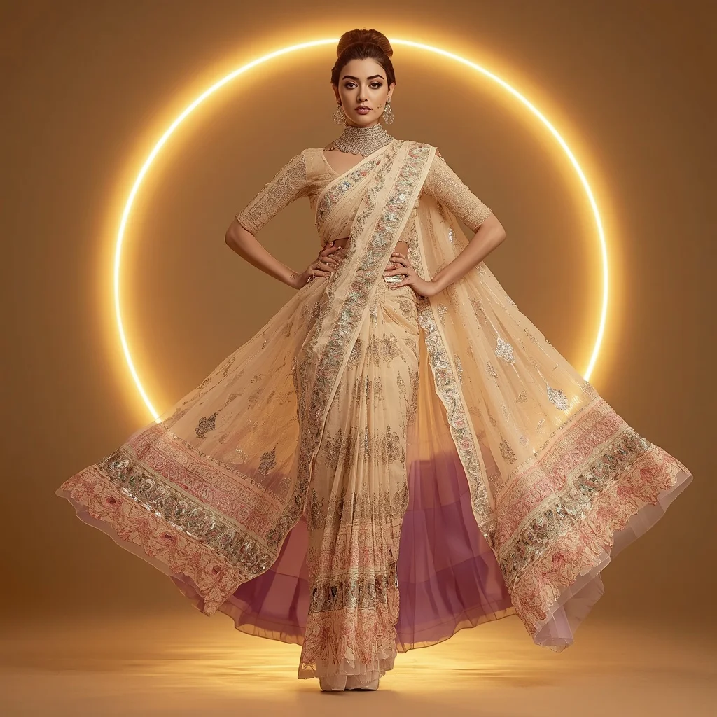 Solar Crystal Eternelle Saree with Golden Halo Paradiseverse and Infinity Bloom Celestialfire | Chatgpt 4o Image Prompt