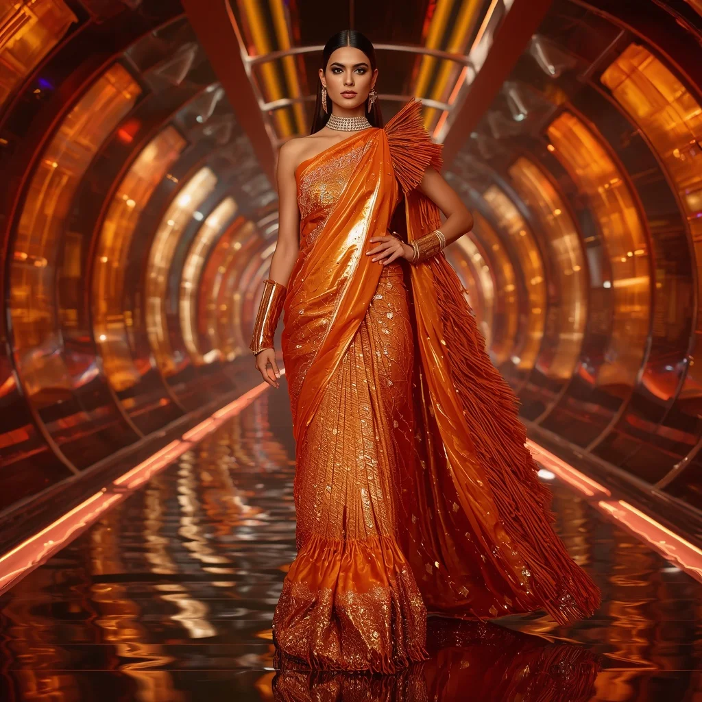 Solar Ember Metallic Saree with Curved Infinity Dome Hall | Modern Drape Saree Ai Prompt
