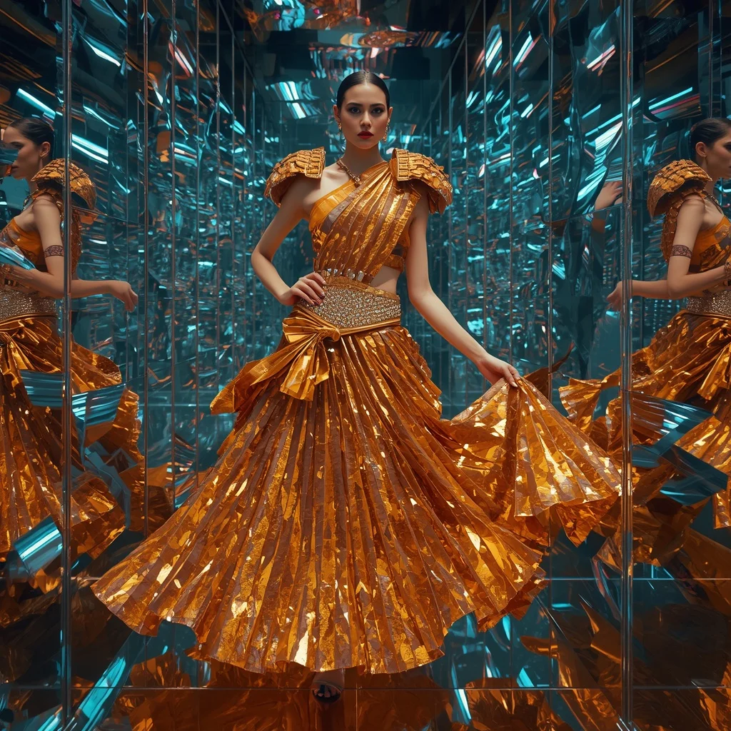 Solar Mirage Couture Saree with Floating Infinity Mirrors | Chatgpt Photo Editing Prompts For Girl In Saree