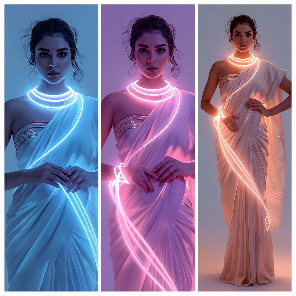 Storyboard Visual Presentation Featuring Indian Woman and Interwoven Glowing Light Ribbons | Saree Whatsapp Dp Ai Prompt