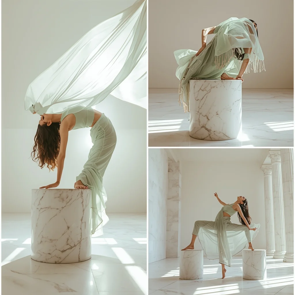 Sunlit White Marble Pedestal Premium Saree Photography Visual Presentation | Traditional Saree Ai Prompt