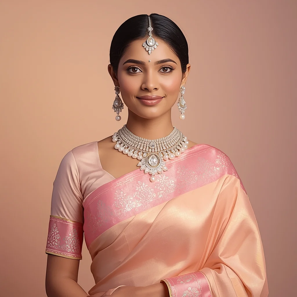 Supreme Pearl Radiance Pastel Saree Indian Woman Portrait | Ai Prompt Examples