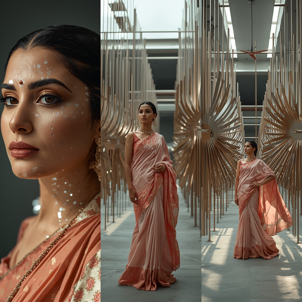 Three Frame Grid Floating kinetic metal sculpture interacting Saree collage | Bridal Saree Ai Prompt For Instagram Reel