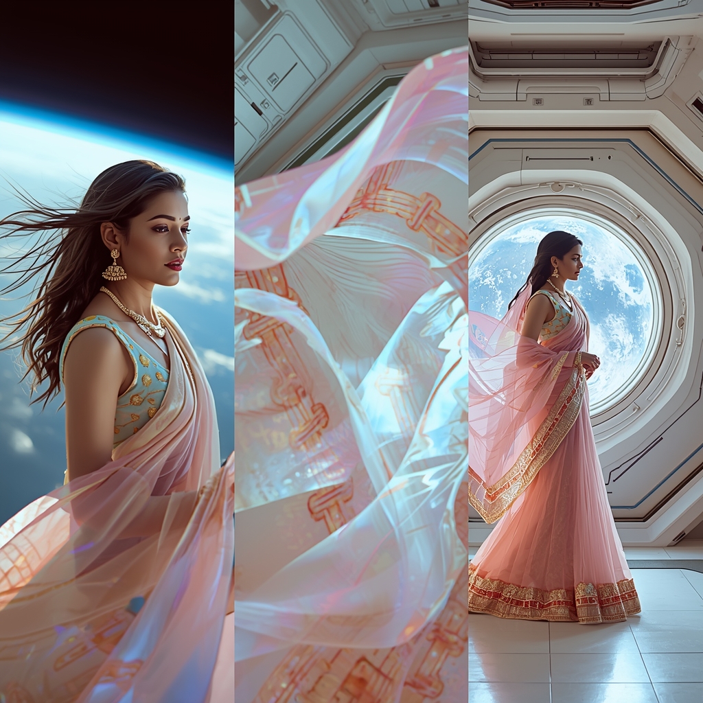 Three Panel Grid Bullet Time Echo Movement Saree Collage | Indian Saree Ai Prompt