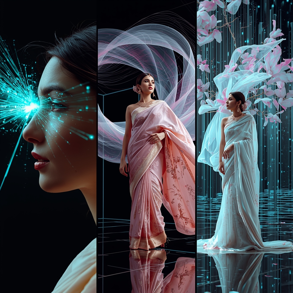 Three Panel Quantum Data Weave Glowing Silk Saree Collage | Saree Prompt For Instagram