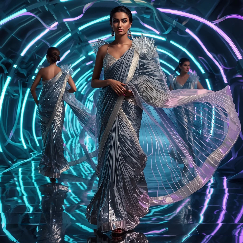 Titanium Aurora Drift Saree with Floating Neon Ribbons | Easy Ai Prompt