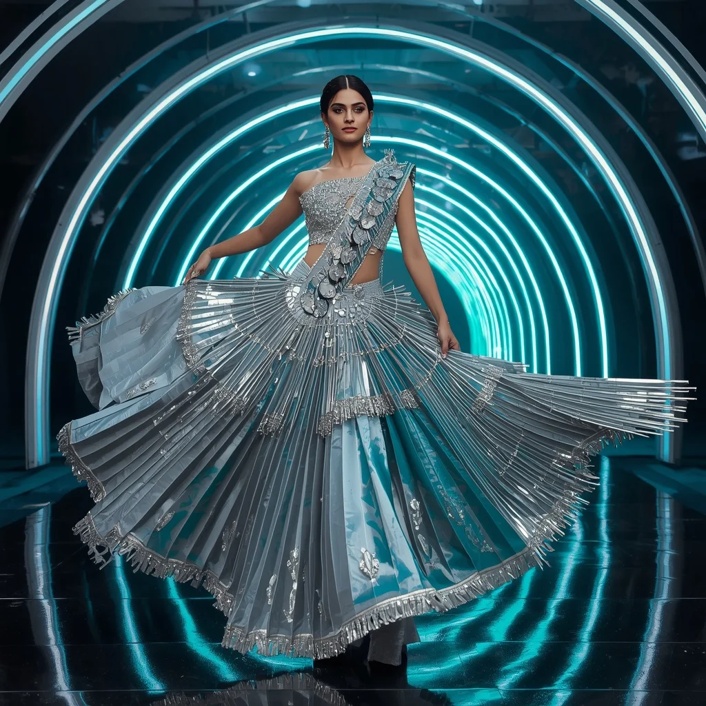 Titanium Nebula Flame Saree with Floating Arc Infinity Gallery | Kanjeevaram Saree Ai Prompt