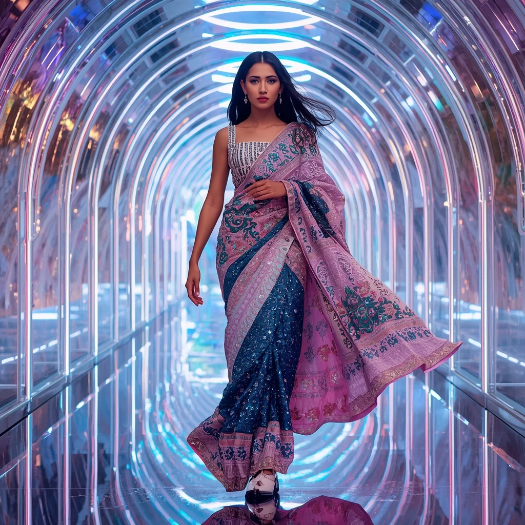 Titanium Solar Archdivine Saree with Holographic Arc Paradiseverse and Neon Crownstorm Celestialfalls | Gemini Ai Photo Prompt Copy Paste