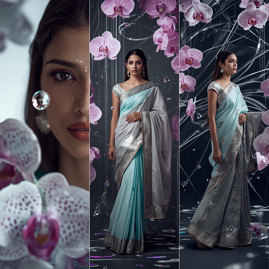 Triptych Grid Liquid Rhodium Floating Orchid Saree Premium Collage | Indian Girl Saree Ai Prompt 4k Realistic