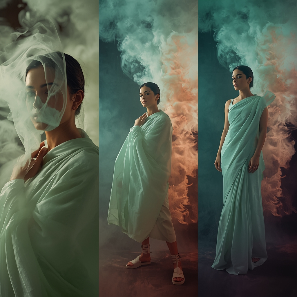 Triptych Layout Design with Indian Woman and Soft Ethereal Smoke Visuals | Saree Prompt For Women