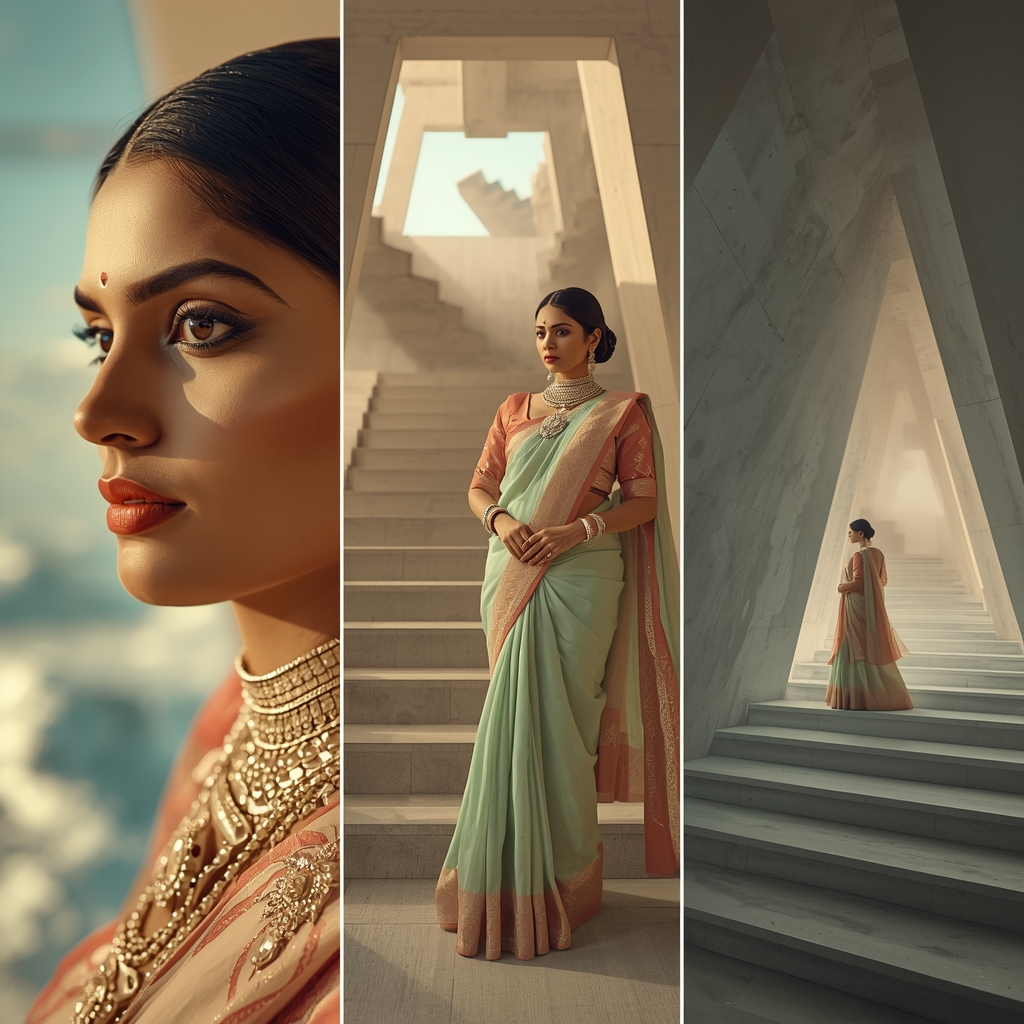 Triptych Layout Escher Impossible Stairs impossible geometry Saree Look | Saree Prompt Generator
