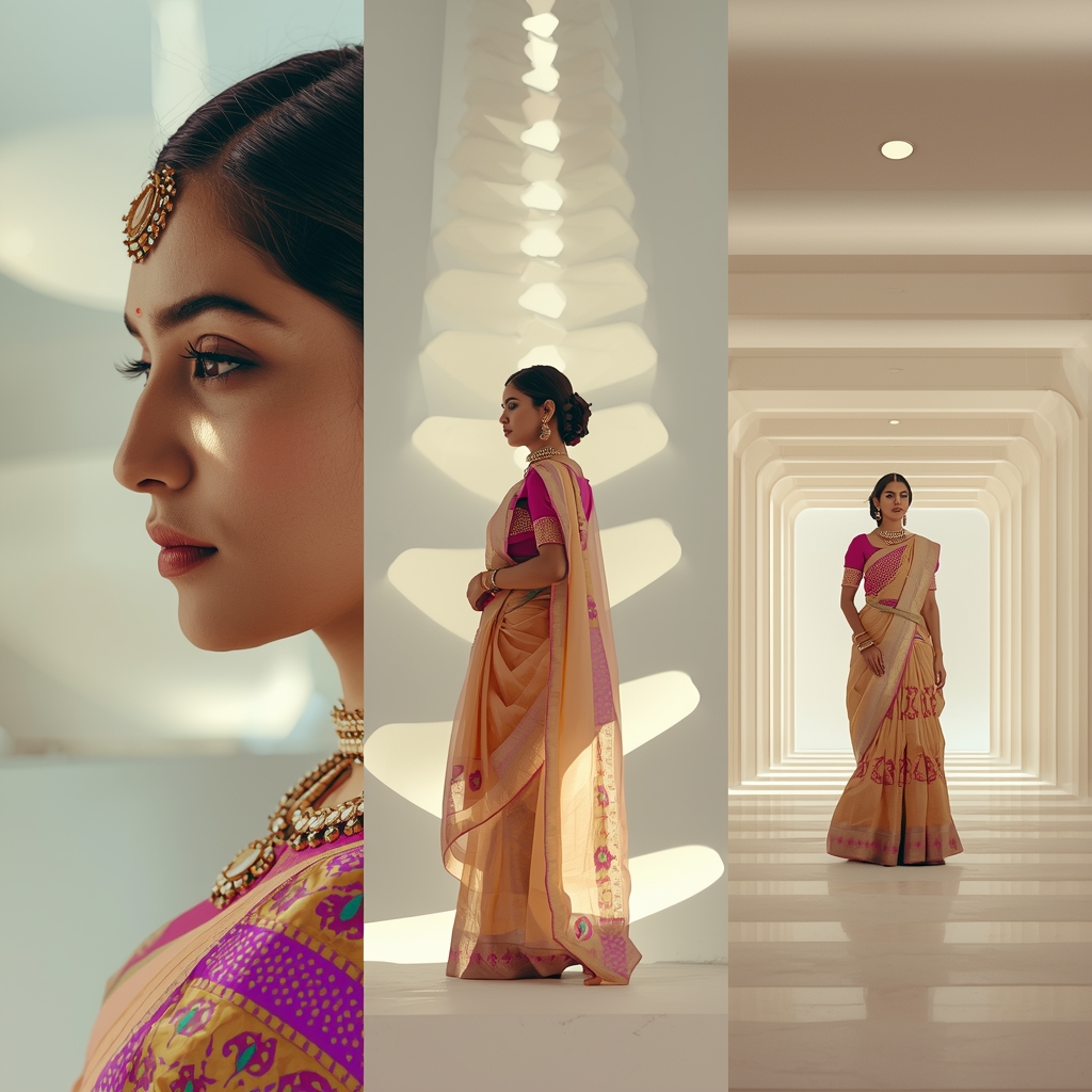 Triptych Layout Impossible Mobius Strip Impossible Geometry Saree Look | Saree Aesthetic Ai Prompt For Pinterest