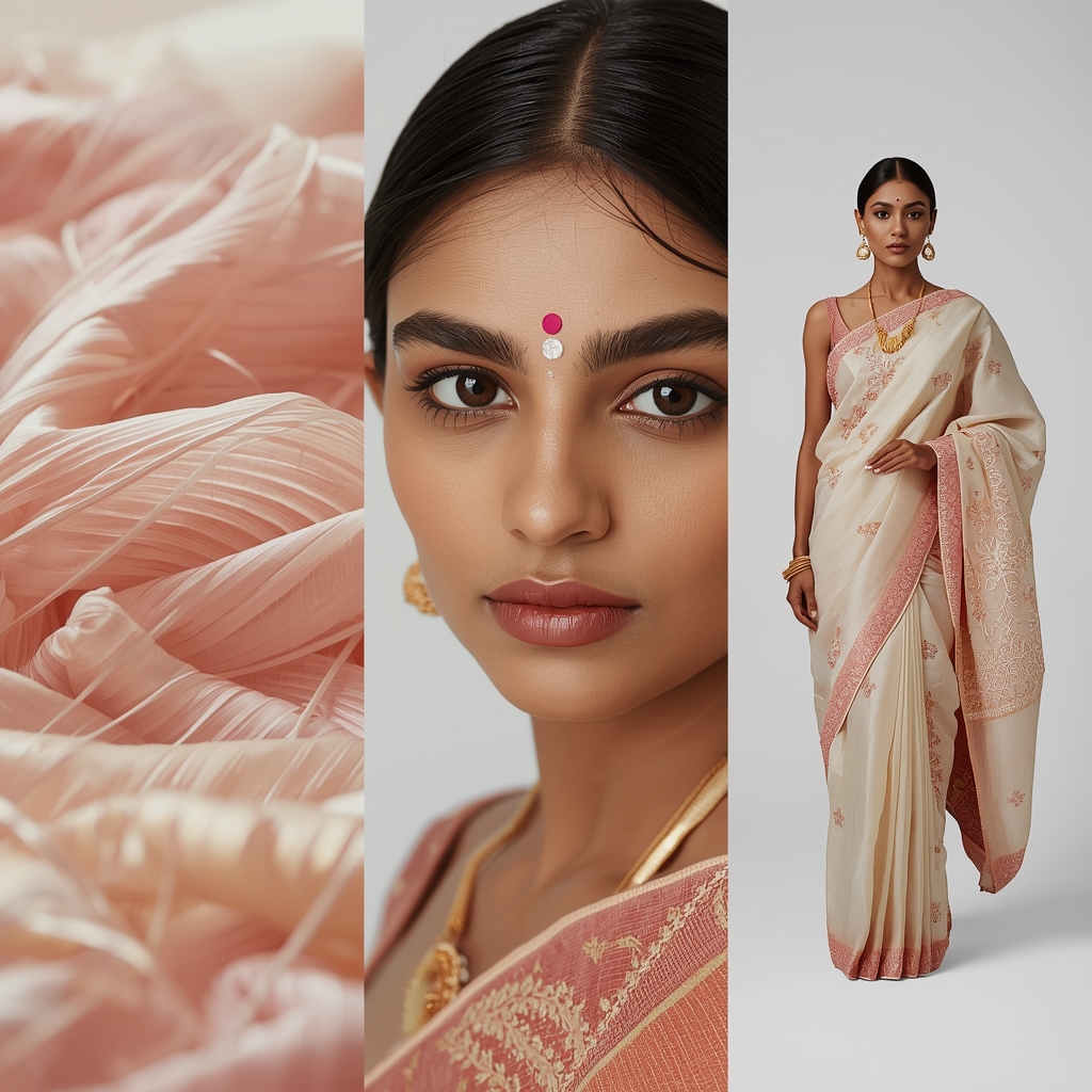 Triptych Layout Macro progressively shifts thread detail Saree Collage | Saree Prompt Copy Paste