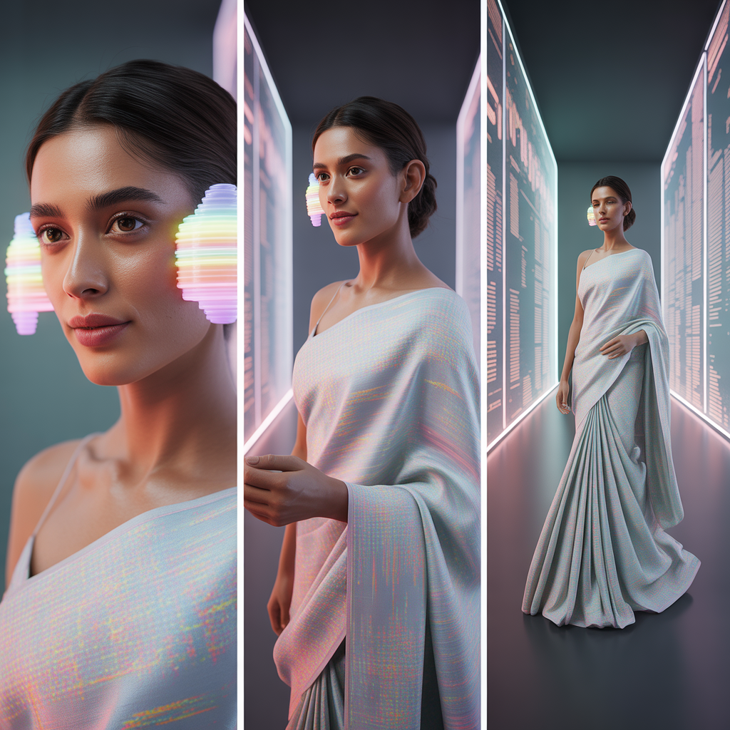 Triptych Split Quantum Dot digital flexible display Saree Premium Look | Prompt Gemini Saree
