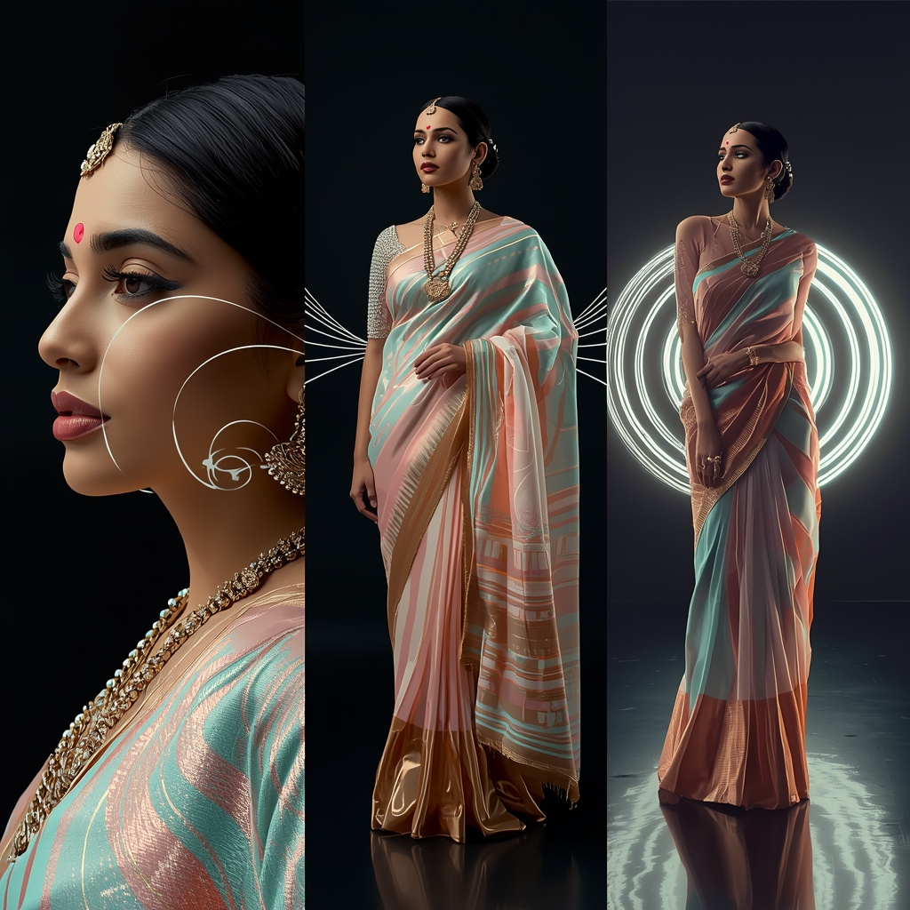 Triptych Split Synesthesia Sound Wave visualized Music Saree Collage | Saree Couple Ai Prompt