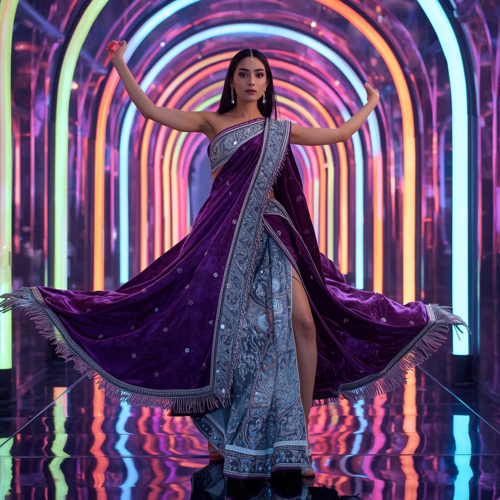 Velvet Aurora Empress Saree with Quantum Ribbon Corridor | Traditional Saree Prompt For Instagram