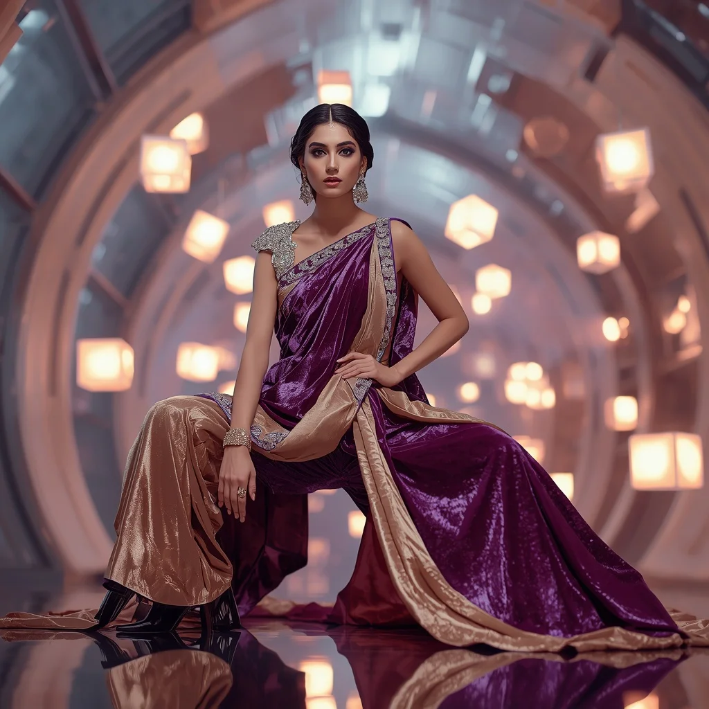 Velvet Aurora Illusion Saree with Floating Cube Lights | Prompt Seen Gemini Girl Instagram