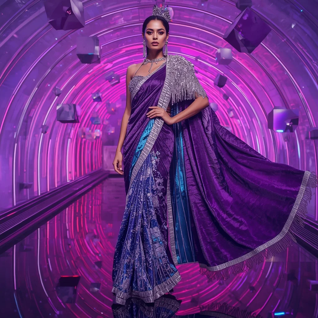 Velvet Cosmic Prism Saree with Floating Infinity Light Cubes | Viral Image Prompt