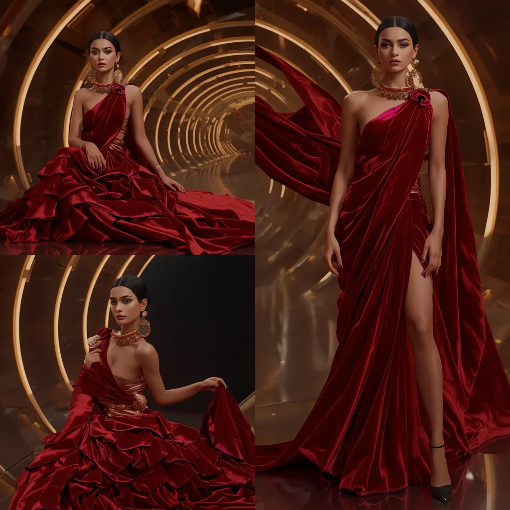 Velvet Ruby Fusion Saree with Curved Light Tunnel | Instagram Viral Photo Prompt