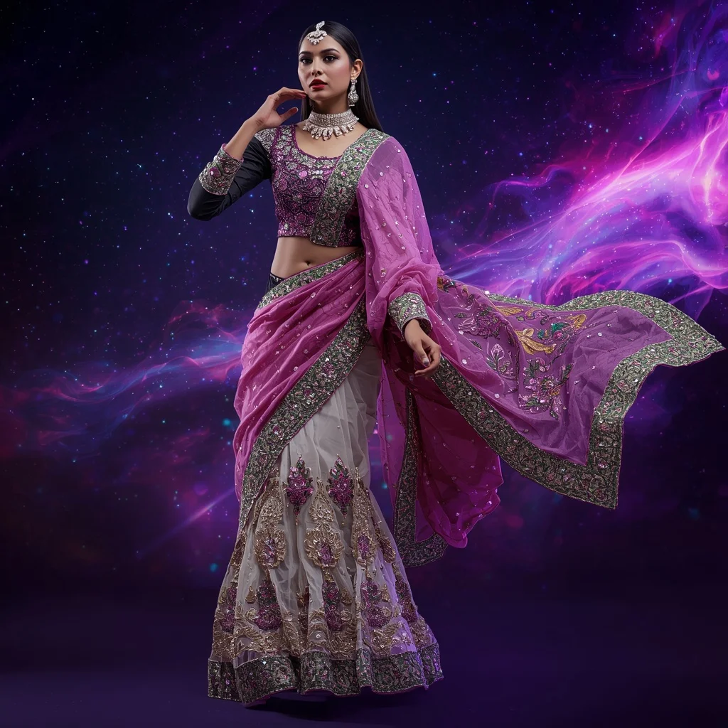 Violet Crownstorm Celestara Saree with Digital Storm Celestiverse and Prism Surge Eternityvaults | Viral Instagram Selfie Ai Prompt