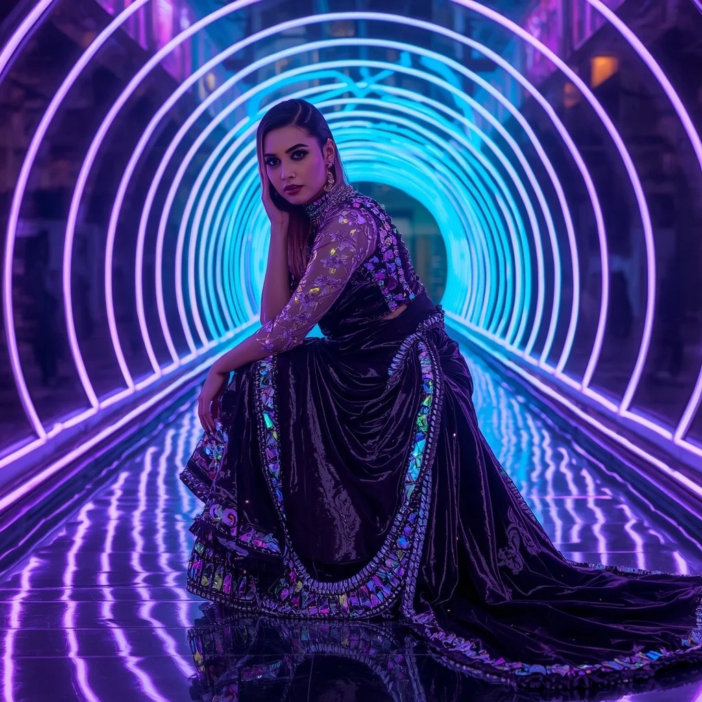 Violet Prism Armor Saree with Neon Spiral Hall | 4k Ai Prompt