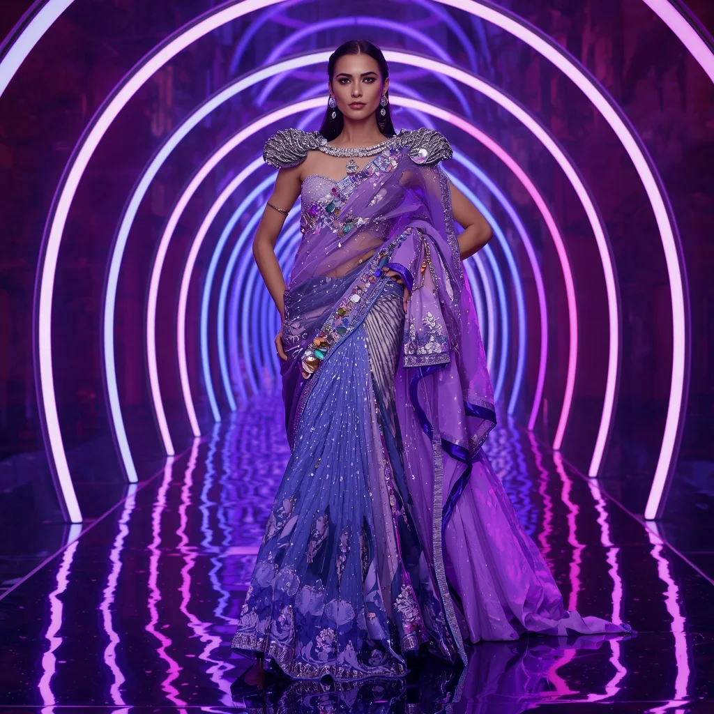 Violet Thunder Designer Saree with RGB Infinity Chamber | Text To Image Prompt