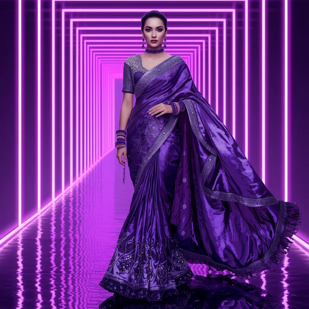 Violet Thunder Mirage Saree with Neon Infinity Kingdom | Instagram Profile Pic Ai Prompt