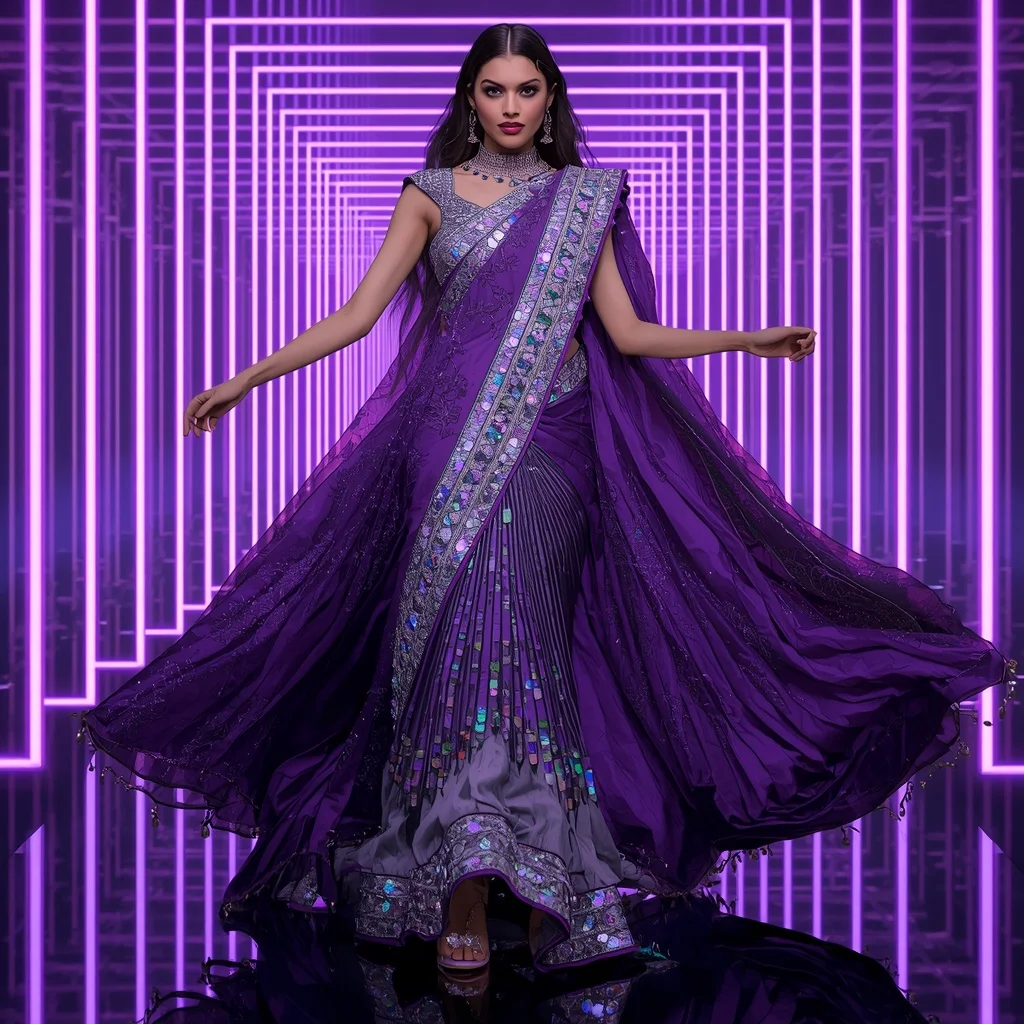 Violet Thunder Mirage Saree with Neon Infinity Palace | Image To Prompt