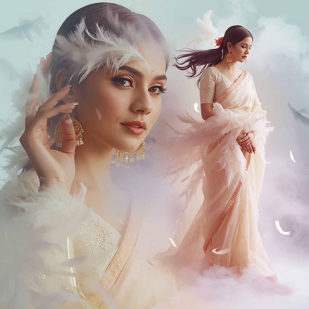 Viral Ethereal Pastel Saree Feather Mist Dream - | Image Prompt | Desi Saree Ai Prompt