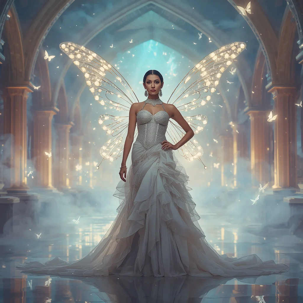 White Angel Butterfly Saree with Heavenly Aurora Cathedral Background | 4k Ai Prompt