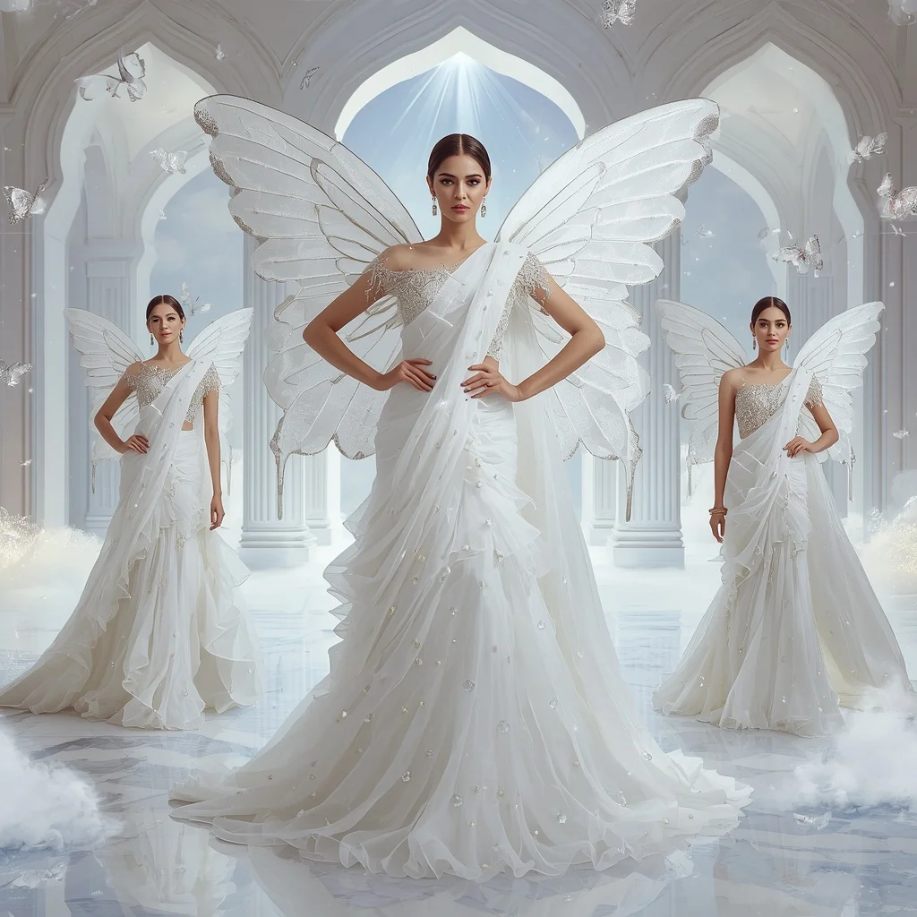 White Celestial Butterfly Angel Saree with Multi Pose Heavenly Fashion Composition and Cloud Palace Background | Art Ai Prompt