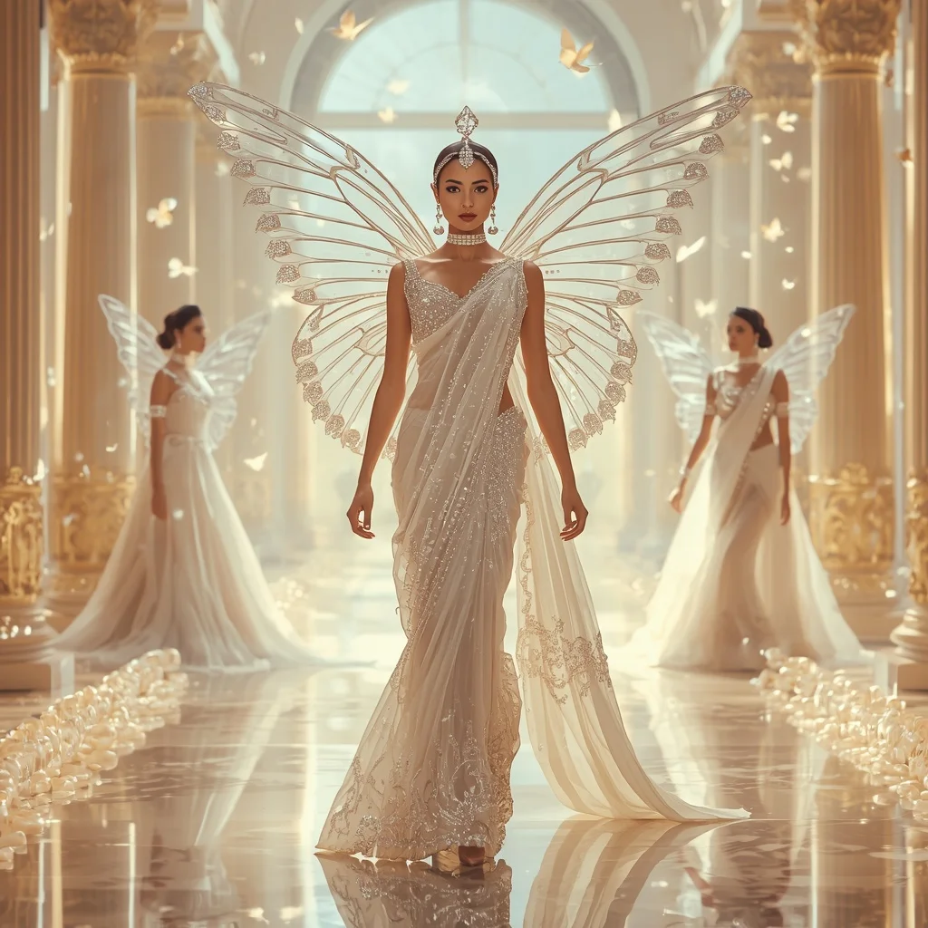 White Diamond Butterfly Queen Saree – Angelic Multi-Pose Crystal Couture with Heavenly Palace Background | Saree Ai Prompt